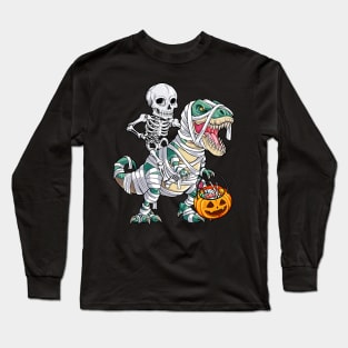 Skeleton riding mummy dinosaur t rex halloween kids boys men Long Sleeve T-Shirt